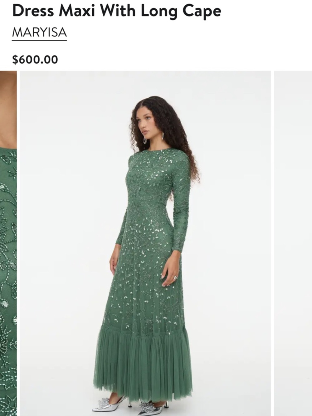 Green Embellished Maxi Dress with Long Cape